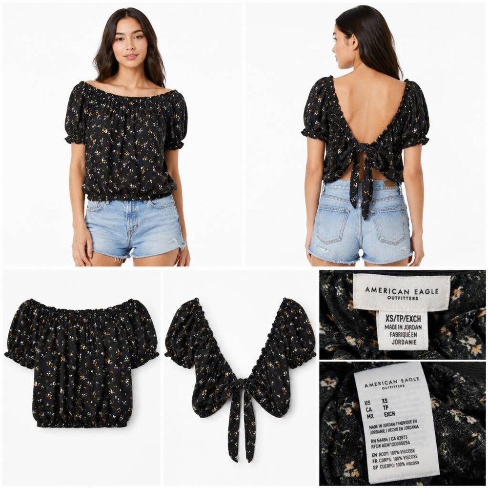 American Eagle Black Floral Off Shoulder Puff Sleeve Crop Top XS